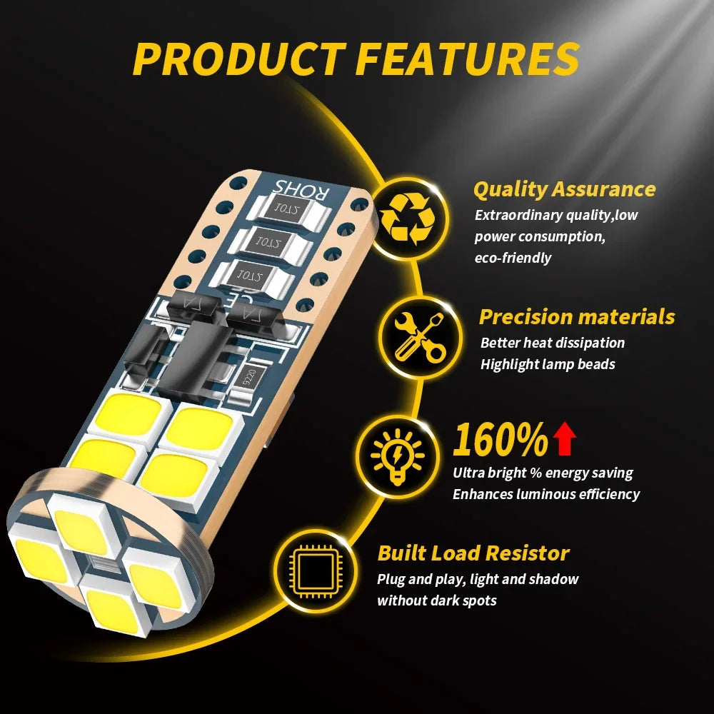 10PCS Canbus W5W T10 LED Bulbs 12-SMD 12V/24V 6500K White 194 168 Car Interior Map Dome Lights Parking Light Auto Lamp 4W