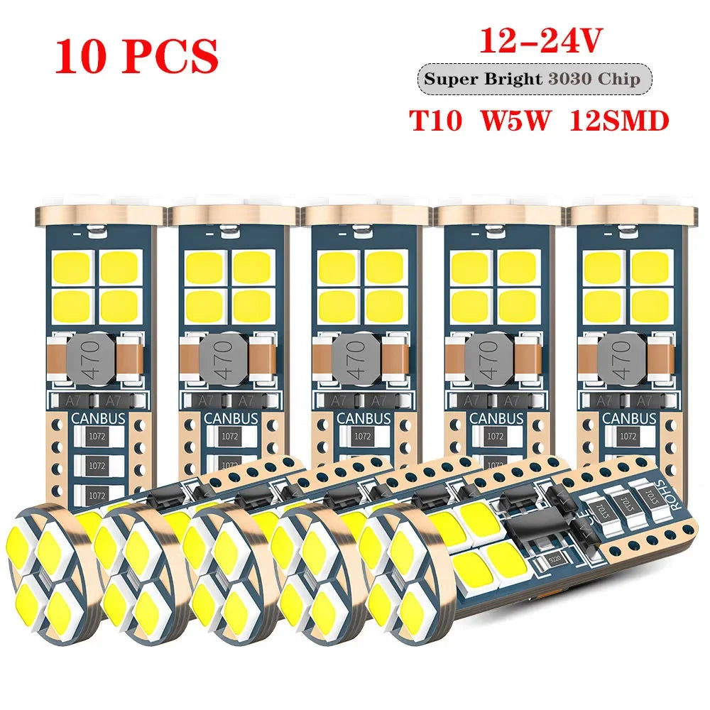 10PCS Canbus W5W T10 LED Bulbs 12-SMD 12V/24V 6500K White 194 168 Car Interior Map Dome Lights Parking Light Auto Lamp 4W