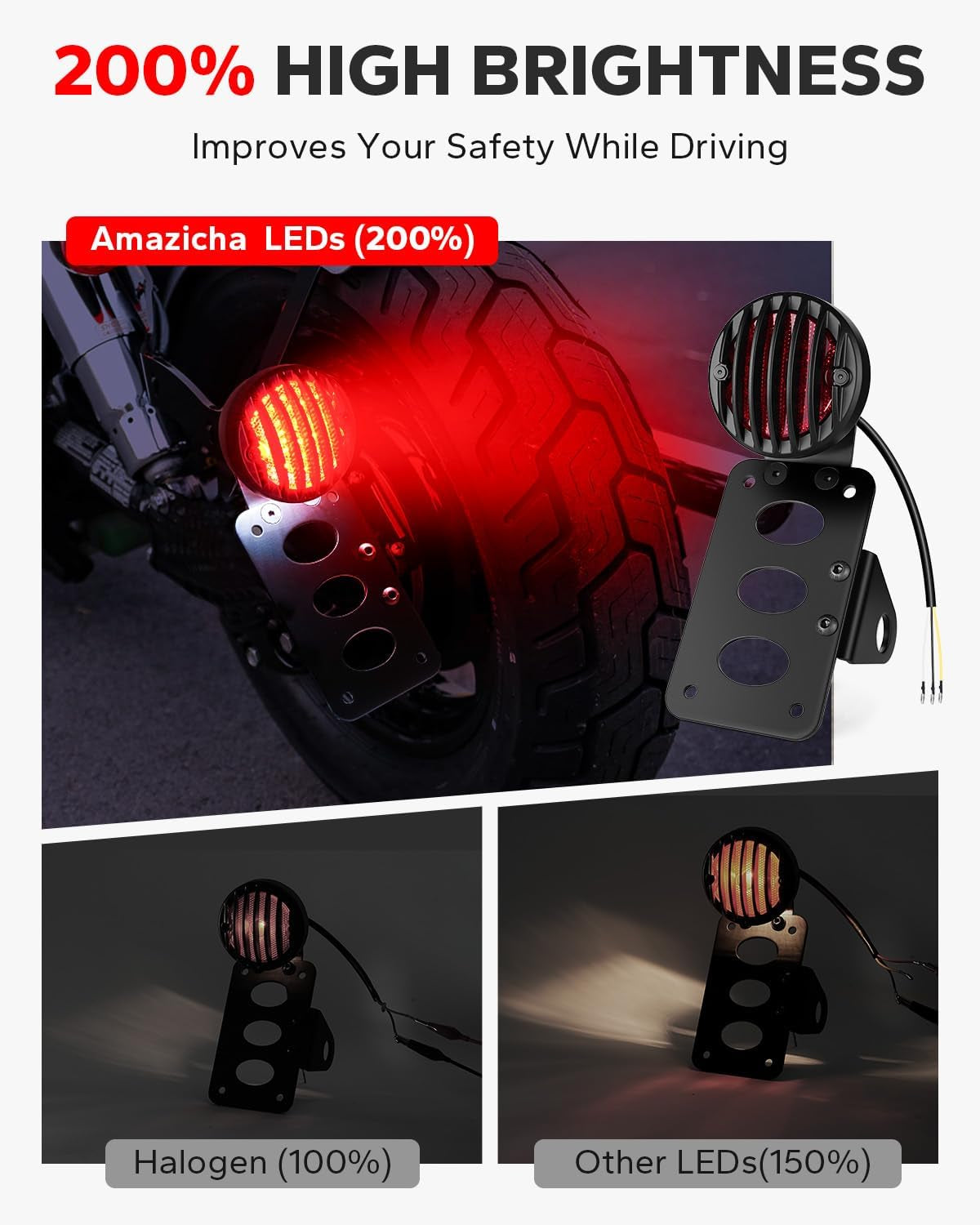 1" Motorcycle LED Tail Brake Light with Bracket, IP67 Waterproof Motorcycle Side Mount License Plate Rear Light Compatible for Harley Sporster Bobber Chopper Yamaha Suzuki Honda Kawasaki