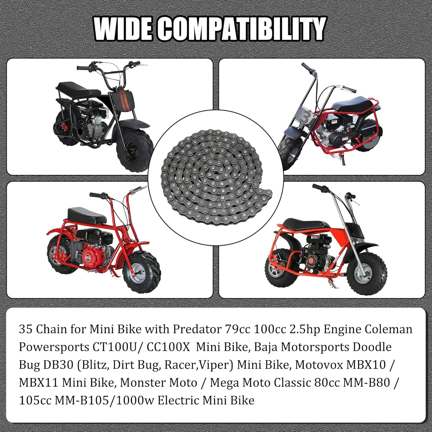 #35 Drive Chain Replacement for Mini Bike Coleman CT100U CC100X Baja DB30 Motovox MBX10 MBX11 Monster Moto Mega Moto MM-B80 Minibike Predator 79Cc 100Cc Engine Powersports Parts 140 Links