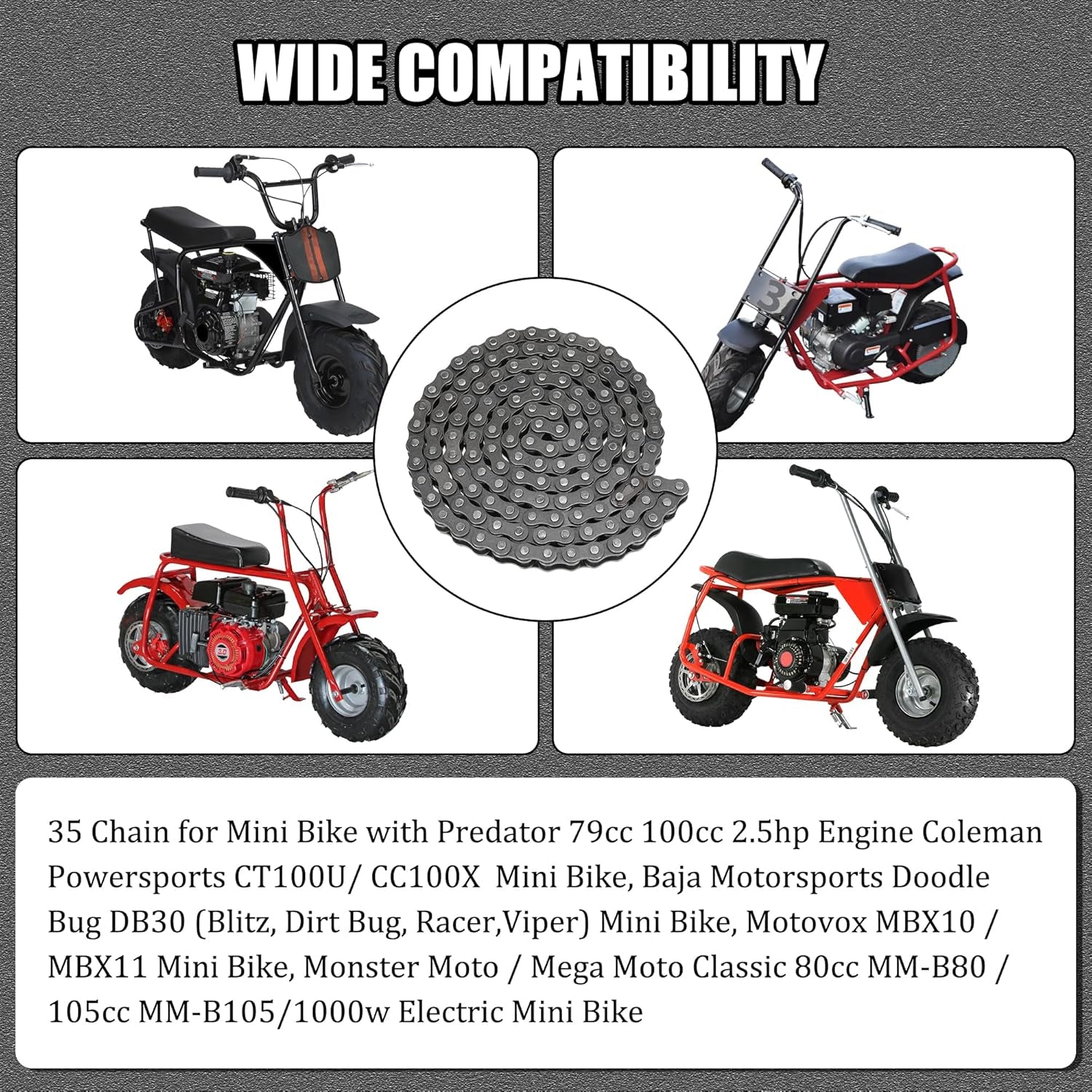 #35 Drive Chain Replacement for Mini Bike Coleman CT100U CC100X Baja DB30 Motovox MBX10 MBX11 Monster Moto Mega Moto MM-B80 Minibike Predator 79Cc 100Cc Engine Powersports Parts 140 Links